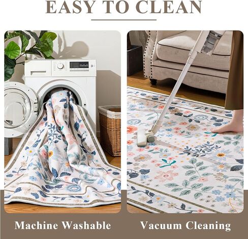 YIHOUSE Floral Pink 5x7 Washable Living Room Area Rug, Non Slip Boho Soft Bedroom Rug, Ultra Thin Colorful Flower Throw Carpet for Nursery Kids Room Playroom Girls Room Pink,5'x7' in Kuwait