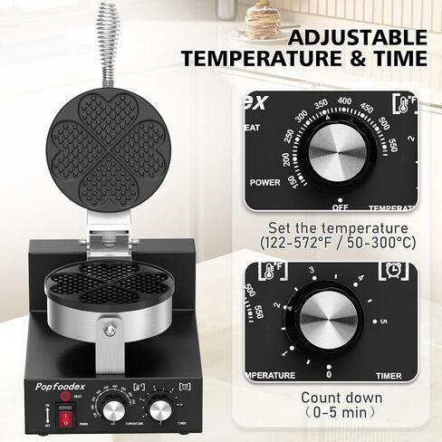 Commercial Heart Waffle Maker — Non-Stick Commercial Waffle Maker Machine, Independent Temp Control (122-572°F) & Timer, 1200W Heart Shaped Waffle Maker, for Commercial Restaurant & Home Use in Kuwait