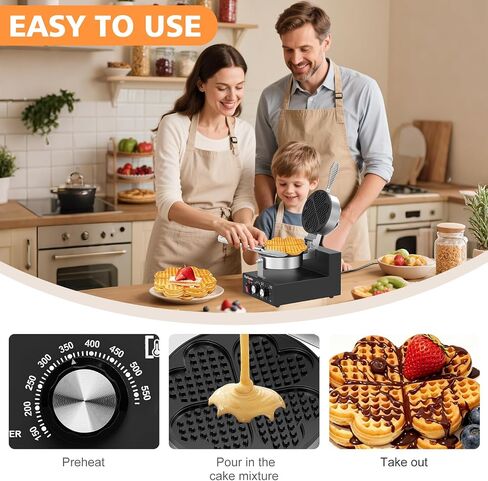 Commercial Heart Waffle Maker — Non-Stick Commercial Waffle Maker Machine, Independent Temp Control (122-572°F) & Timer, 1200W Heart Shaped Waffle Maker, for Commercial Restaurant & Home Use in Kuwait