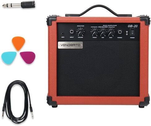 Electric Bass Amplifier 20w amp Black Color Multi Band Treble Middle bass mp3 Headphone Jack Portable for Starter Beginner Practice Travel bass Amp noiseless Cable Picks and Adapter with in Kuwait