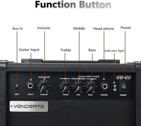 Electric Bass Amplifier 20w amp Black Color Multi Band Treble Middle bass mp3 Headphone Jack Portable for Starter Beginner Practice Travel bass Amp noiseless Cable Picks and Adapter with in Kuwait