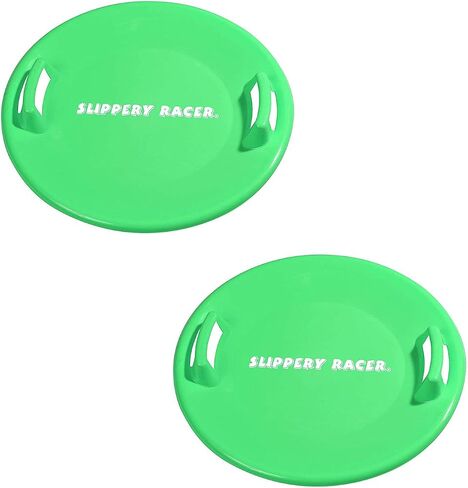 Slippery Racer Heavy-Duty Cold Resistant Downhill Pro Adults and Kids Plastic Outdoor Winter Saucer Disc Snow Sled with Handles, Green (2 Pack) in Kuwait