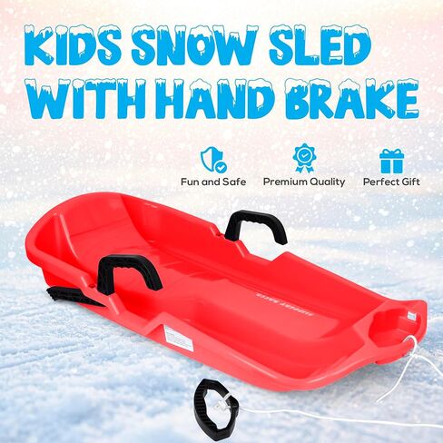 Slippery Racer Downhill Thunder Flexible Plastic Toboggan Snow Sled with Built in Brake System, Pull Rope, and Handle Grips, Red in Kuwait