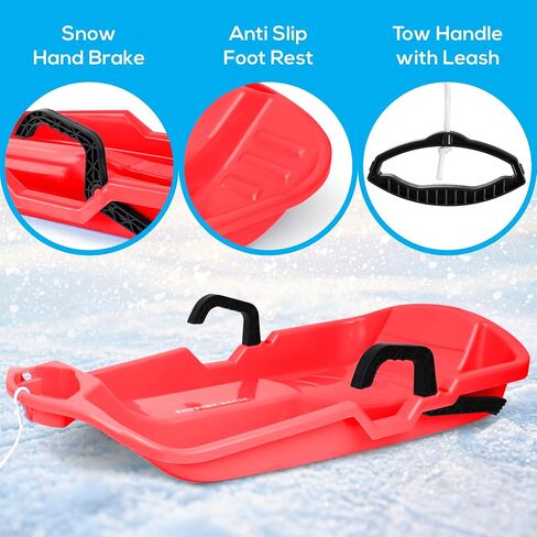 Slippery Racer Downhill Thunder Flexible Plastic Toboggan Snow Sled with Built in Brake System, Pull Rope, and Handle Grips, Red in Kuwait