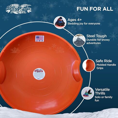 Flexible Flyer Flying Saucer 26 Inch Round Plastic Sled Snow Toy, 1 Person Winter Sled w/Hand Grips for Kids and Adults, Ages 4 Years and Up, Orange in Kuwait