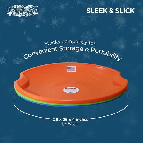 Flexible Flyer Flying Saucer 26 Inch Round Plastic Sled Snow Toy, 1 Person Winter Sled w/Hand Grips for Kids and Adults, Ages 4 Years and Up, Orange in Kuwait