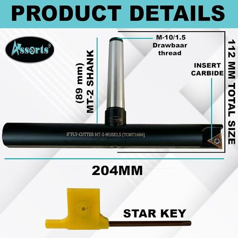 8″ Balanced Fly Cutter Indexable Face Milling Cutter with MT2 Shank (M10 × 1.5 Drawbar Thread), Single TCMT1604 Insert, Torx Screw & Star Key Included in Kuwait