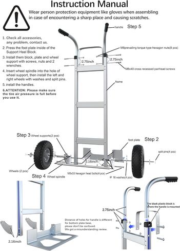 Suzhi Two Large Wheel Hand Truck Dolly Cart with Wheels Heavy Duty/with 2 Wheels / 600Lbs Load, 2 Straps for Furniture/Appliance/Carton/Warehouse/Office /10 Minutes to Install as Video in Kuwait