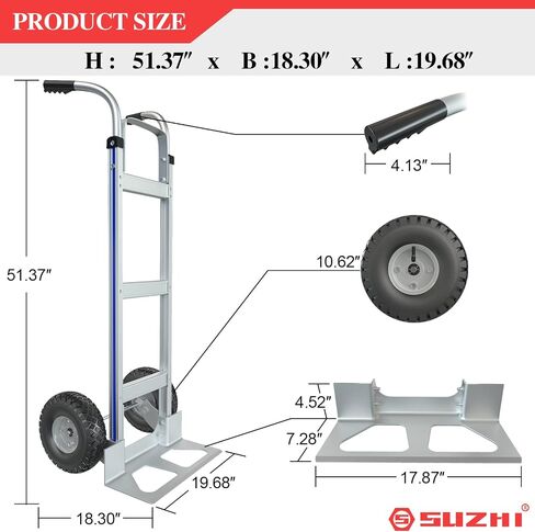 Suzhi Two Large Wheel Hand Truck Dolly Cart with Wheels Heavy Duty/with 2 Wheels / 600Lbs Load, 2 Straps for Furniture/Appliance/Carton/Warehouse/Office /10 Minutes to Install as Video in Kuwait