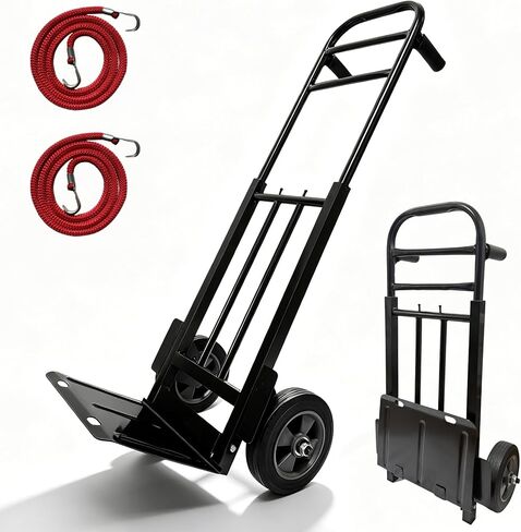 Heavy Duty Folding Hand Truck Dolly with Bungee Cords, 800 LB Dolly Cart | 8" Solid Rubber Wheels, 2*Bungee Cords, Compact Foldable Alloy Steel Design for Warehouses, Homes, Offices, andSmall Business in Kuwait