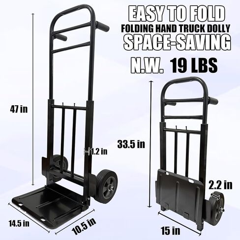 Heavy Duty Folding Hand Truck Dolly with Bungee Cords, 800 LB Dolly Cart | 8" Solid Rubber Wheels, 2*Bungee Cords, Compact Foldable Alloy Steel Design for Warehouses, Homes, Offices, andSmall Business in Kuwait