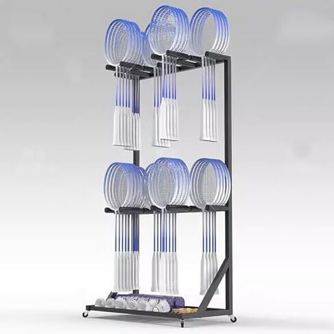 Large Capacity Mobile Tennis Racquet Storage Cart on Wheels, Steel Badminton Racket Holder for Gym & Game Room, Sports Organizer for Tennis & Badminton Equipment in Kuwait