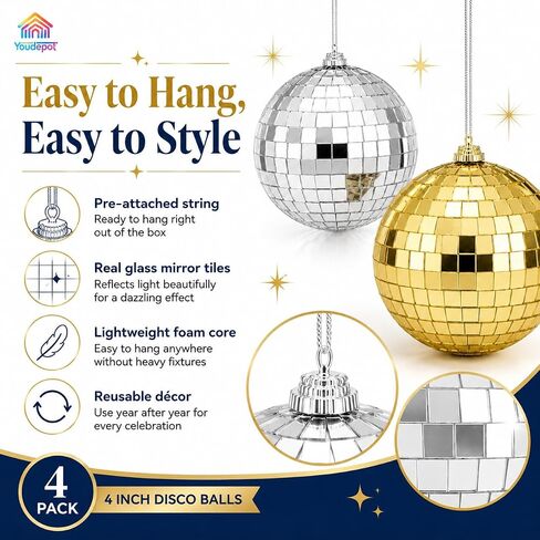 Youdepot Disco Ball 4-Pack 4" – Hanging Disco Ball Christmas Decor with String – Reflective Disco Christmas Décor for Indoor & Outdoor Use – Perfect Christmas Disco Decorations for Holiday Parties in Kuwait