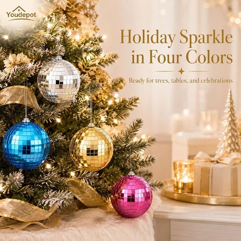 Youdepot Disco Ball 4-Pack 4" – Hanging Disco Ball Christmas Decor with String – Reflective Disco Christmas Décor for Indoor & Outdoor Use – Perfect Christmas Disco Decorations for Holiday Parties in Kuwait