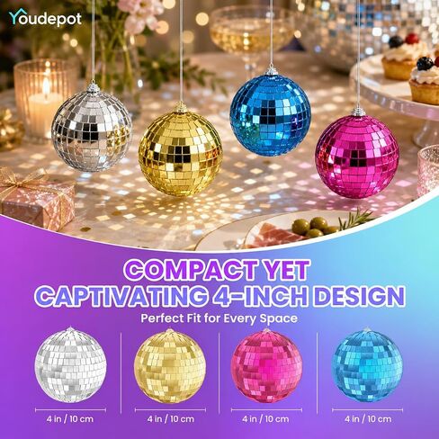 Youdepot Disco Ball 4-Pack 4" – Hanging Disco Ball Christmas Decor with String – Reflective Disco Christmas Décor for Indoor & Outdoor Use – Perfect Christmas Disco Decorations for Holiday Parties in Kuwait