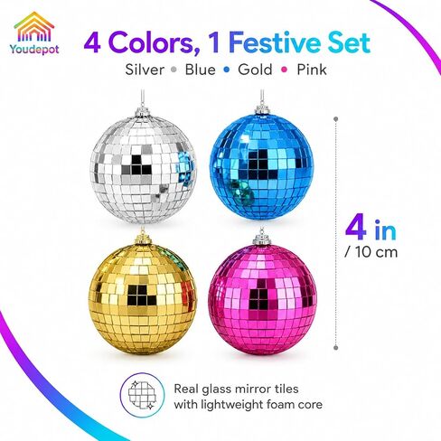 Youdepot Disco Ball 4-Pack 4" – Hanging Disco Ball Christmas Decor with String – Reflective Disco Christmas Décor for Indoor & Outdoor Use – Perfect Christmas Disco Decorations for Holiday Parties in Kuwait