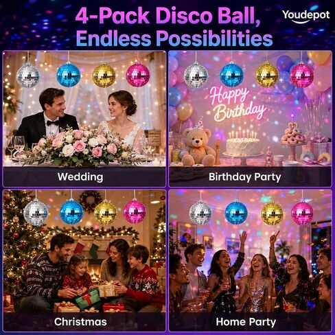 Youdepot Disco Ball 4-Pack 4" – Hanging Disco Ball Christmas Decor with String – Reflective Disco Christmas Décor for Indoor & Outdoor Use – Perfect Christmas Disco Decorations for Holiday Parties in Kuwait