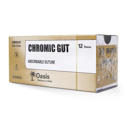 Oasis Vet Chromic Gut Surgical Suture, 3-0, (FS-2) 3/8 19/20mm Reverse Cutting Needle, 75cm, 12/Box, Veterinary Use in Kuwait