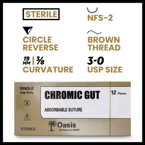 Oasis Vet Chromic Gut Surgical Suture, 3-0, (FS-2) 3/8 19/20mm Reverse Cutting Needle, 75cm, 12/Box, Veterinary Use in Kuwait