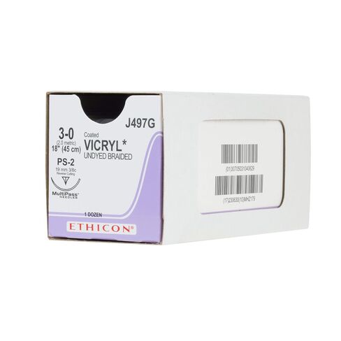 Ethicon J497G Coated Vicryl Suture, Synthetic Absorbable, PS-2, 3/8 Circle Needle, Size 3-0, 18" Size in Kuwait