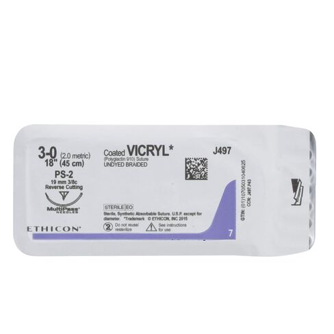 Ethicon J497G Coated Vicryl Suture, Synthetic Absorbable, PS-2, 3/8 Circle Needle, Size 3-0, 18" Size in Kuwait