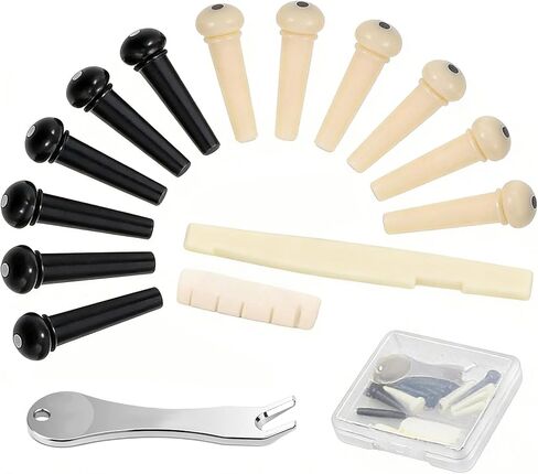 12-Piece Guitar Bridge Pin Set – Acoustic Guitar Accessories Kit with Black & Ivory ABS Bridge Pins, White Saddle, Metal Puller Tool, Peg Replacement Set for String Changing & Tone Upgrade in Kuwait