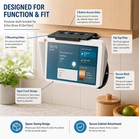 SplashNColor Under Cabinet Mount for Echo Show 8 – Hanging Counter Display Holder | Screw-In Bracket for Secure Upside Down Installation | Space-Saving Kitchen Smart Home Stand with Tilt Viewing Angle in Kuwait