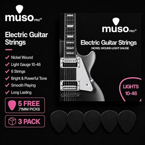 Electric Guitar Strings 10–46 (3 Pack) – Nickel Wound Electric Guitar Strings Light Gauge – Bright Tone, Stable Tuning, Long Lasting, 5 Free Picks in Kuwait