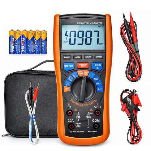Insulation Resistance Tester 1000V Megohmmeter w/TRMS Multimeter 2 in 1, AIOMEST Megaohm Meter w/IR Test, NCV, Volt, 20A Current, Capacitance, Inductance, Continuity, Hz & Temp for HVAC, Motor in Kuwait