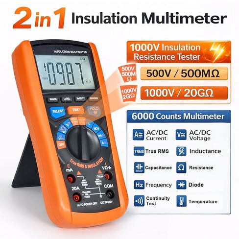 Insulation Resistance Tester 1000V Megohmmeter w/TRMS Multimeter 2 in 1, AIOMEST Megaohm Meter w/IR Test, NCV, Volt, 20A Current, Capacitance, Inductance, Continuity, Hz & Temp for HVAC, Motor in Kuwait