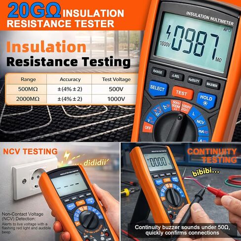 Insulation Resistance Tester 1000V Megohmmeter w/TRMS Multimeter 2 in 1, AIOMEST Megaohm Meter w/IR Test, NCV, Volt, 20A Current, Capacitance, Inductance, Continuity, Hz & Temp for HVAC, Motor in Kuwait