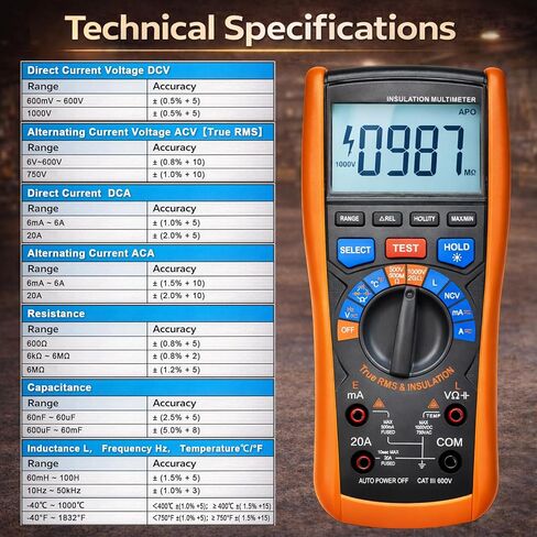 Insulation Resistance Tester 1000V Megohmmeter w/TRMS Multimeter 2 in 1, AIOMEST Megaohm Meter w/IR Test, NCV, Volt, 20A Current, Capacitance, Inductance, Continuity, Hz & Temp for HVAC, Motor in Kuwait
