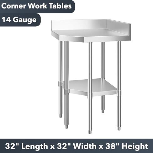Stainless Steel Corner Work Table 38" x 38" – Commercial Corner Prep Table with Undershelf, 16 Gauge Type 304 Stainless Steel Top, 4" Backsplash, NSF Kitchen Work Table in Kuwait