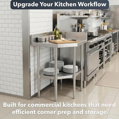 Stainless Steel Corner Work Table 38" x 38" – Commercial Corner Prep Table with Undershelf, 16 Gauge Type 304 Stainless Steel Top, 4" Backsplash, NSF Kitchen Work Table in Kuwait