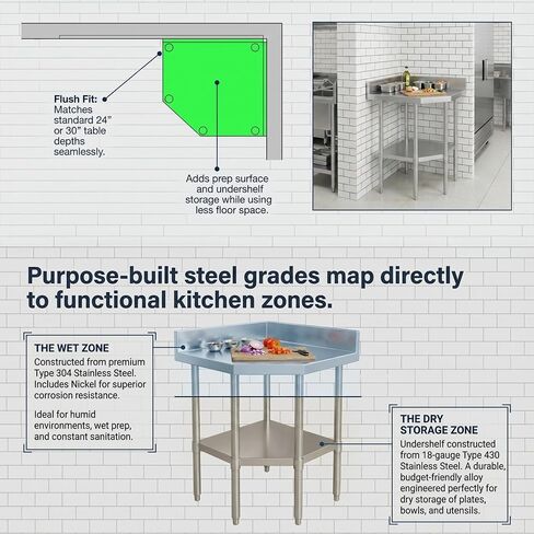 Stainless Steel Corner Work Table 38" x 38" – Commercial Corner Prep Table with Undershelf, 16 Gauge Type 304 Stainless Steel Top, 4" Backsplash, NSF Kitchen Work Table in Kuwait