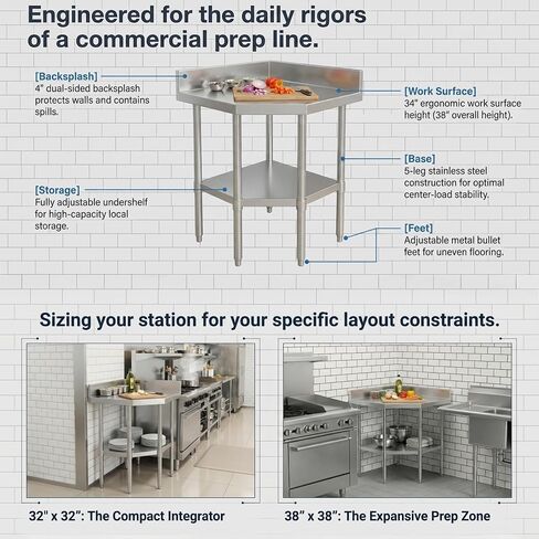 Stainless Steel Corner Work Table 38" x 38" – Commercial Corner Prep Table with Undershelf, 16 Gauge Type 304 Stainless Steel Top, 4" Backsplash, NSF Kitchen Work Table in Kuwait