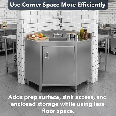 Stainless Steel Corner Work Table 24" x 24" – Commercial Enclosed Base Corner Prep Table, 14 Gauge Type 304 Stainless Steel Top, Hinged Door with Lock, 4" Backsplash, NSF Kitchen Work Table in Kuwait
