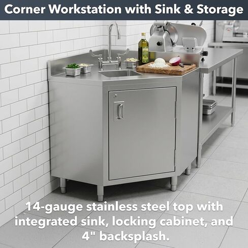 Stainless Steel Corner Work Table 24" x 24" – Commercial Enclosed Base Corner Prep Table, 14 Gauge Type 304 Stainless Steel Top, Hinged Door with Lock, 4" Backsplash, NSF Kitchen Work Table in Kuwait
