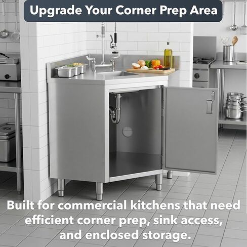 Stainless Steel Corner Work Table 24" x 24" – Commercial Enclosed Base Corner Prep Table, 14 Gauge Type 304 Stainless Steel Top, Hinged Door with Lock, 4" Backsplash, NSF Kitchen Work Table in Kuwait