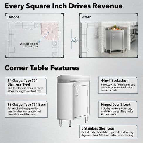 Stainless Steel Corner Work Table 24" x 24" – Commercial Enclosed Base Corner Prep Table, 14 Gauge Type 304 Stainless Steel Top, Hinged Door with Lock, 4" Backsplash, NSF Kitchen Work Table in Kuwait