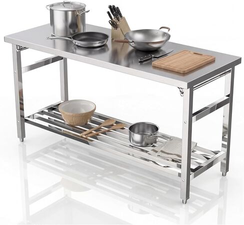60 x 24 Inch Stainless Steel Prep Table, Folding Stainless Steel Work Table with Adjustable Undershelf, Heavy Duty Metal Workstation for Commercial, Kitchen, Restaurant, Garage, Home in Kuwait