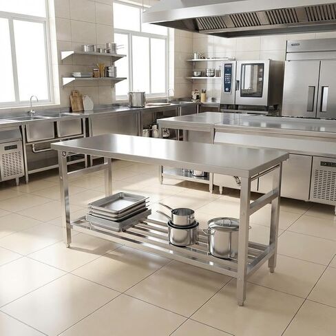 60 x 24 Inch Stainless Steel Prep Table, Folding Stainless Steel Work Table with Adjustable Undershelf, Heavy Duty Metal Workstation for Commercial, Kitchen, Restaurant, Garage, Home in Kuwait