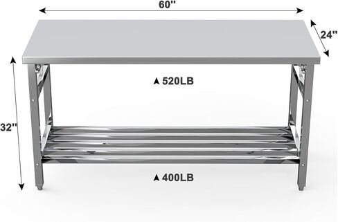 60 x 24 Inch Stainless Steel Prep Table, Folding Stainless Steel Work Table with Adjustable Undershelf, Heavy Duty Metal Workstation for Commercial, Kitchen, Restaurant, Garage, Home in Kuwait