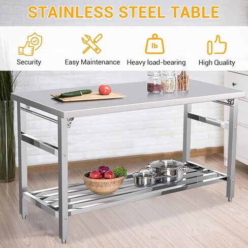 60 x 24 Inch Stainless Steel Prep Table, Folding Stainless Steel Work Table with Adjustable Undershelf, Heavy Duty Metal Workstation for Commercial, Kitchen, Restaurant, Garage, Home in Kuwait