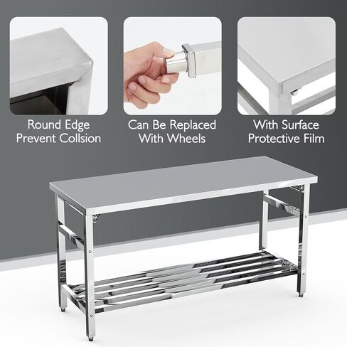 60 x 24 Inch Stainless Steel Prep Table, Folding Stainless Steel Work Table with Adjustable Undershelf, Heavy Duty Metal Workstation for Commercial, Kitchen, Restaurant, Garage, Home in Kuwait