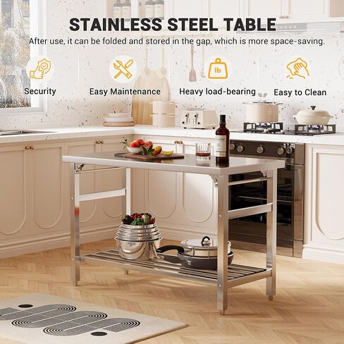 60 x 24 Inch Stainless Steel Prep Table, Folding Stainless Steel Work Table with Adjustable Undershelf, Heavy Duty Metal Workstation for Commercial, Kitchen, Restaurant, Garage, Home in Kuwait