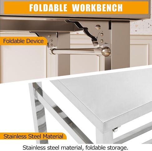 60 x 24 Inch Stainless Steel Prep Table, Folding Stainless Steel Work Table with Adjustable Undershelf, Heavy Duty Metal Workstation for Commercial, Kitchen, Restaurant, Garage, Home in Kuwait