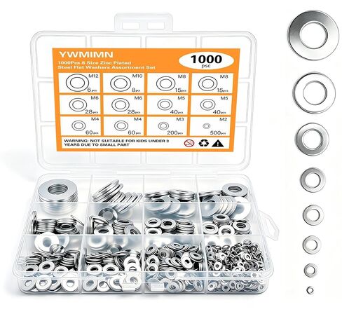1000Pcs Zinc Plated Steel Flat Washers Assorted Washers for Screws Bolts M2 M3 M4 M5 M6 M8 M10 M12 Hardware Washers Large and Small Washers Kit in Kuwait