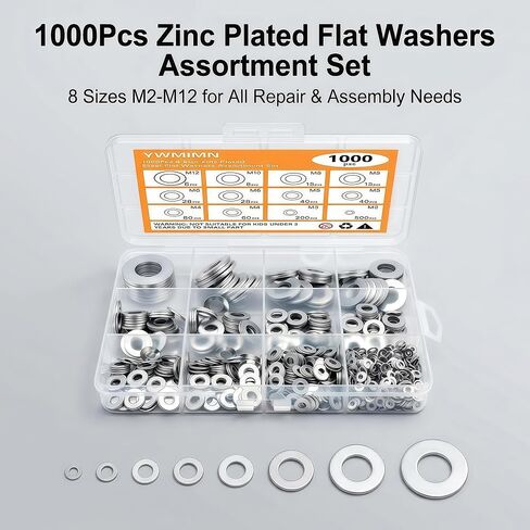 1000Pcs Zinc Plated Steel Flat Washers Assorted Washers for Screws Bolts M2 M3 M4 M5 M6 M8 M10 M12 Hardware Washers Large and Small Washers Kit in Kuwait