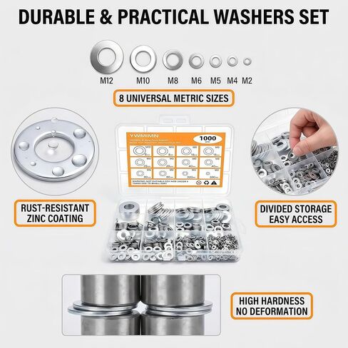1000Pcs Zinc Plated Steel Flat Washers Assorted Washers for Screws Bolts M2 M3 M4 M5 M6 M8 M10 M12 Hardware Washers Large and Small Washers Kit in Kuwait